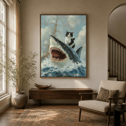Humorous tuxedo cat shark oil painting canvas hanging in a bright entryway with arched doorway
