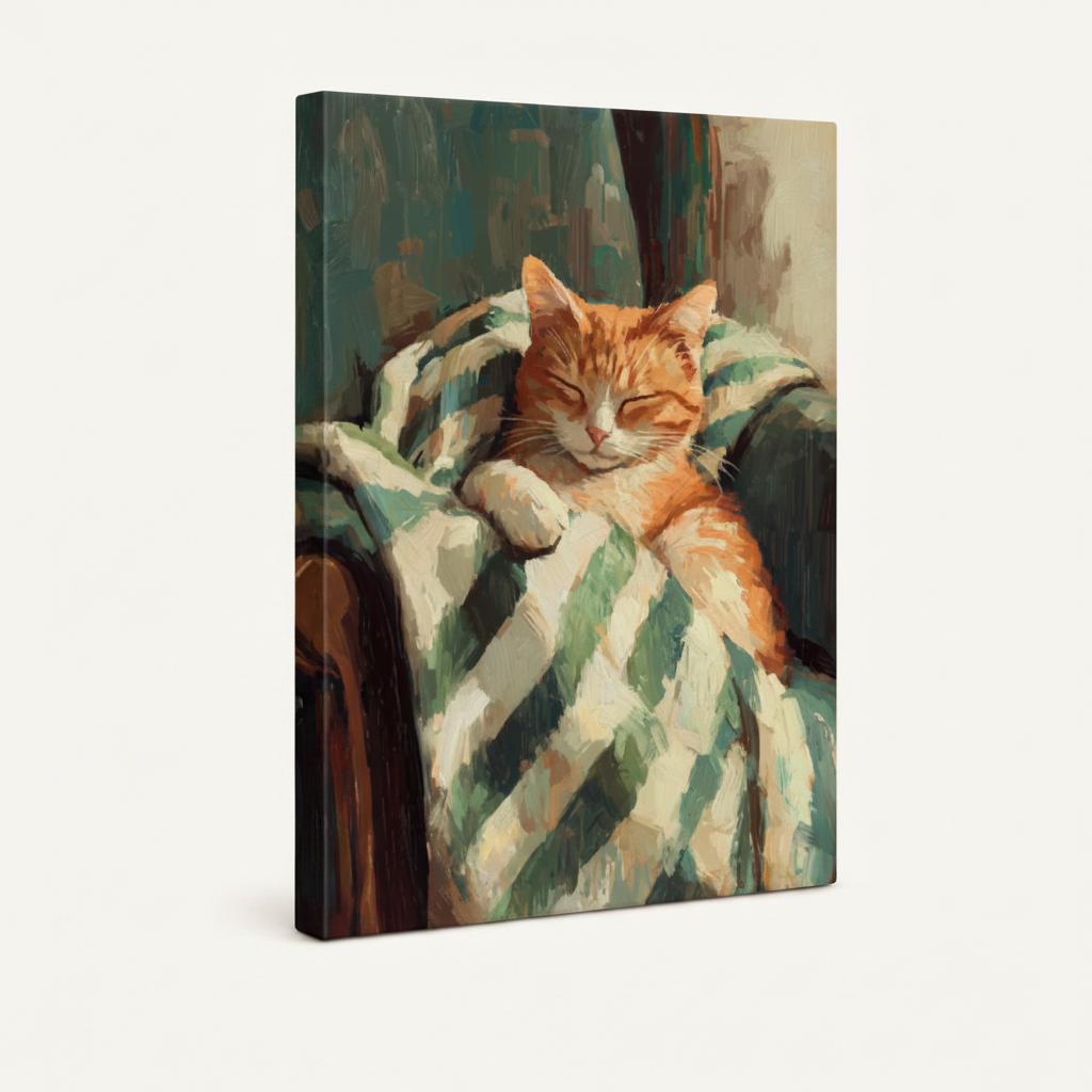 Stretched canvas wall art of a golden tabby cat napping on a striped armchair