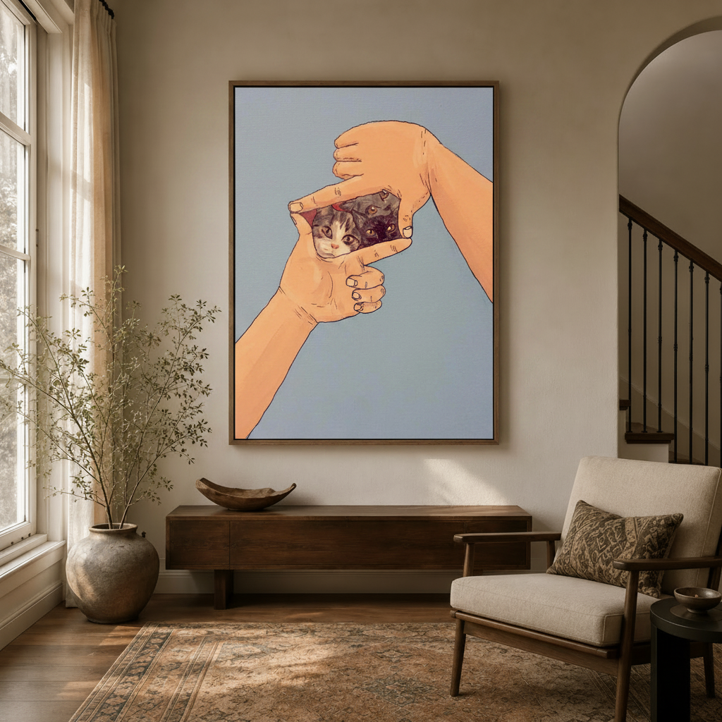 Whimsical cat wall art framed canvas hanging in a modern entryway with arched doorway