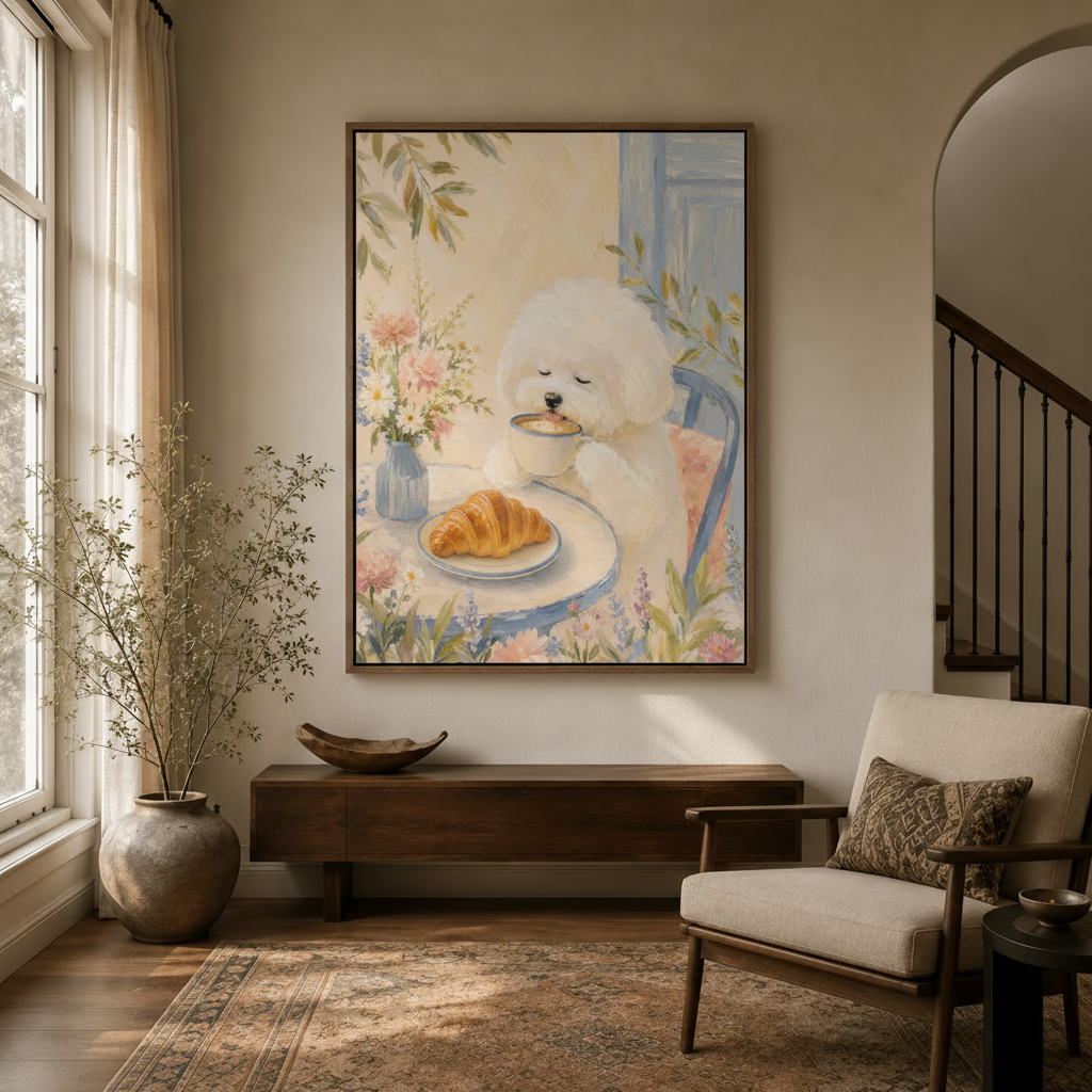 Dreamy dog wall art framed canvas with Bichon Frise coffee scene in modern entryway