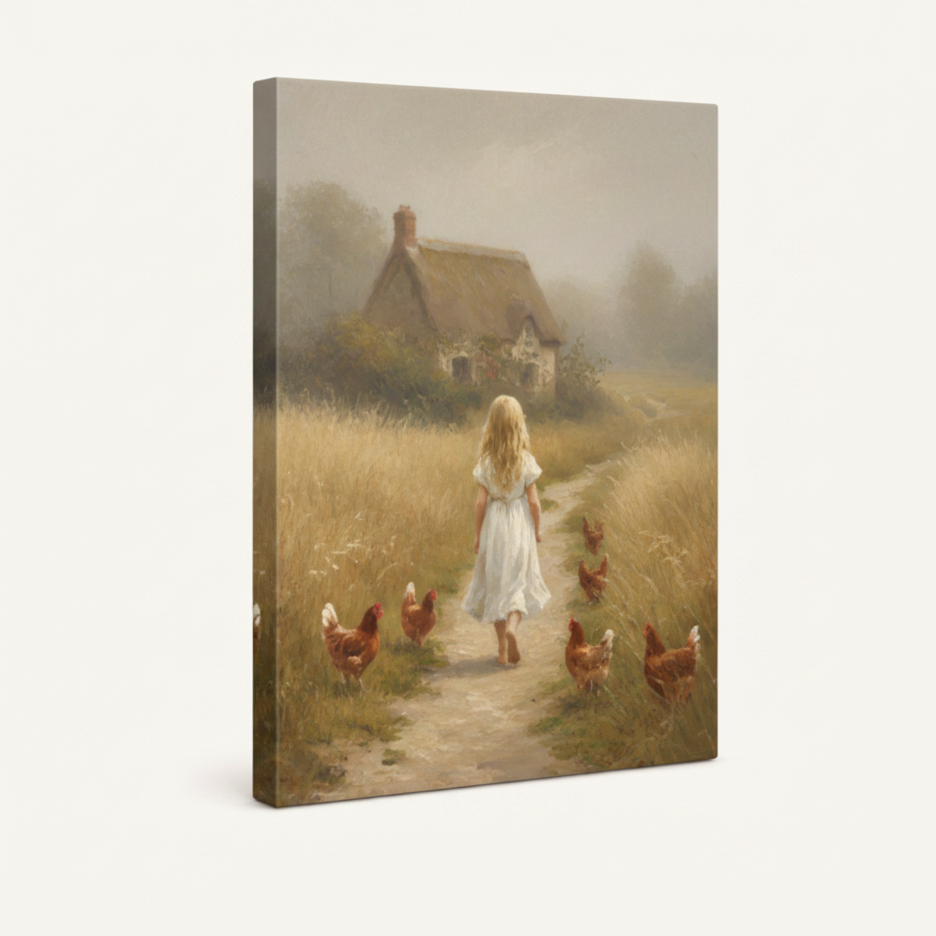 Rustic farmhouse girl chickens stretched canvas print – unframed soft oil painting with country girl and hens on warm golden meadow path by Aurewall