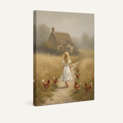 Rustic farmhouse girl chickens stretched canvas print – unframed soft oil painting with country girl and hens on warm golden meadow path by Aurewall