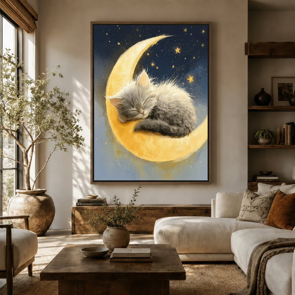 Moon cat dreamy illustration canvas in float frame displayed above cream living room sofa