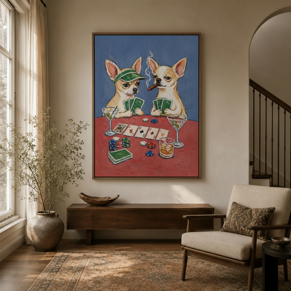 Whimsical dog playing poker wall art hanging in a bright entryway with arched doorway