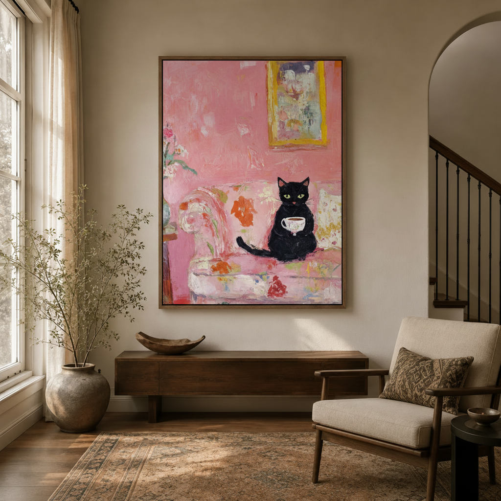 Whimsical black cat with teacup painting in float frame displayed in bright entryway with arched doorway