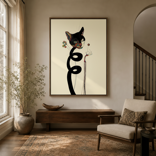 Minimalist black cat canvas wall art in dark walnut float frame hanging in elegant entryway