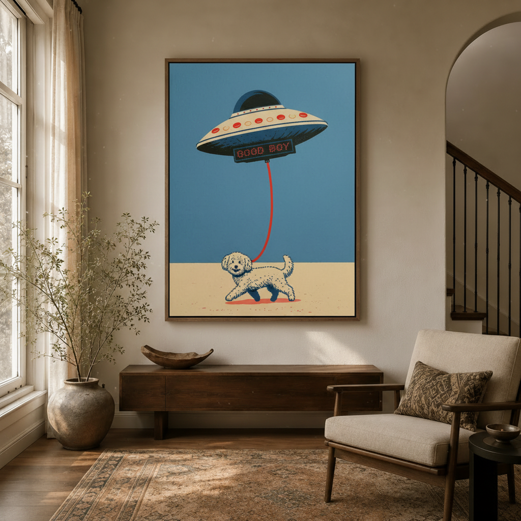 Funny dog wall art in entryway hallway with arched doorway and natural wood decor