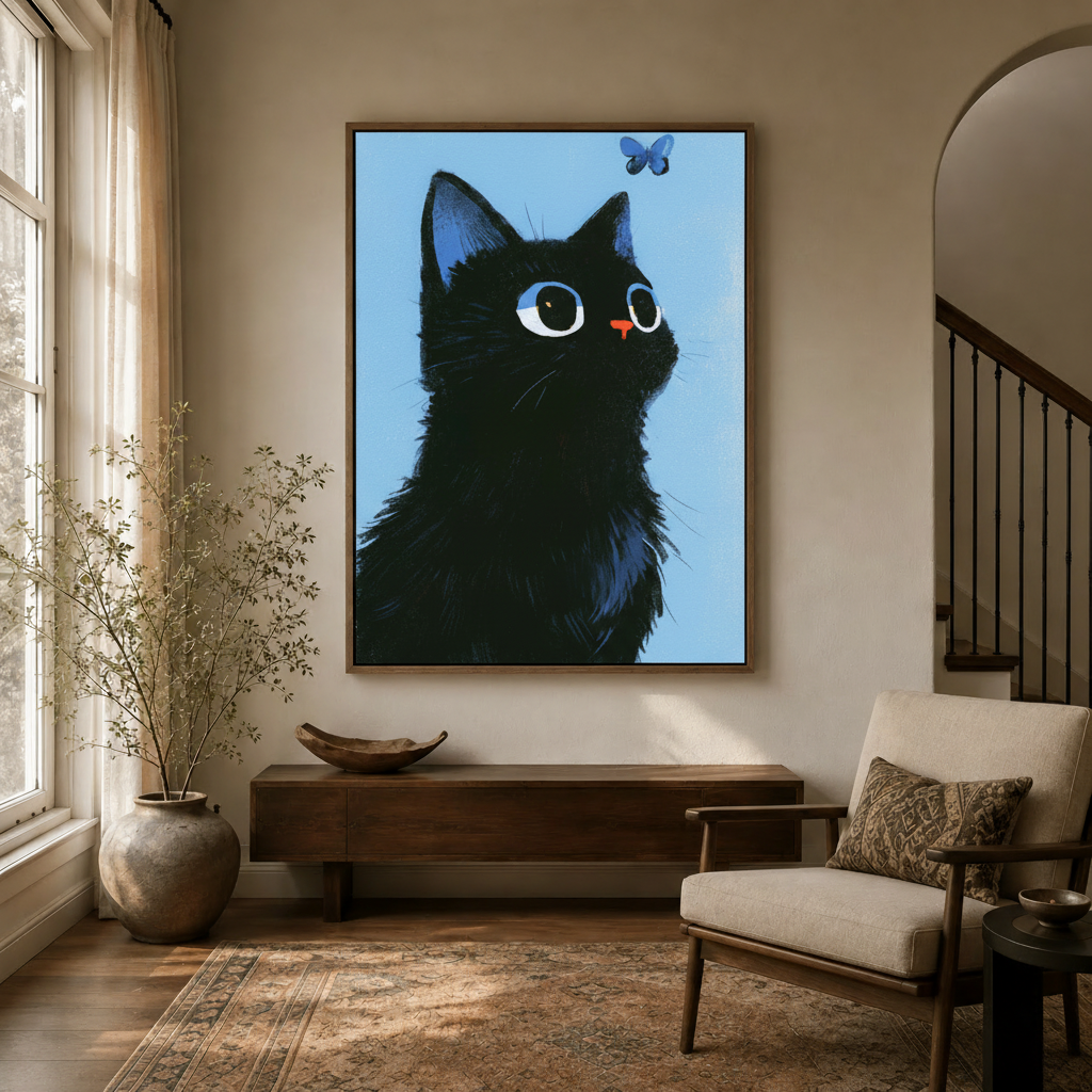 Naive illustration black cat print hanging in a cozy entryway with arched doorway and dried botanicals