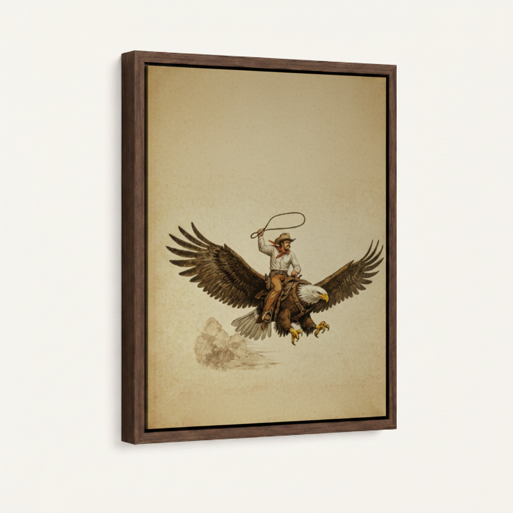 Cowboy riding eagle framed canvas wall art – vintage western sepia illustration with cowboy swinging lasso on soaring eagle by Aurewall