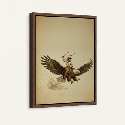Cowboy riding eagle framed canvas wall art – vintage western sepia illustration with cowboy swinging lasso on soaring eagle by Aurewall