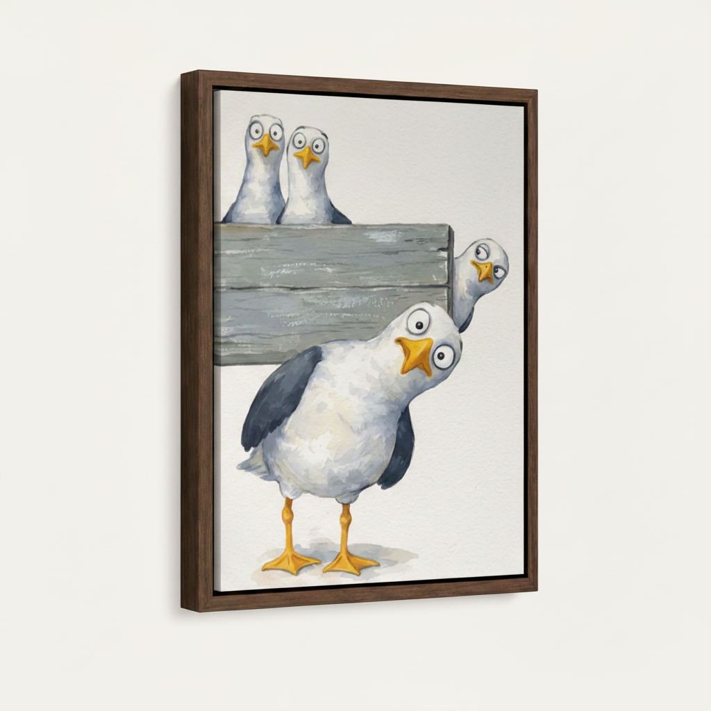 Framed funny seagull canvas wall art in dark walnut float frame, 3/4 angle product shot