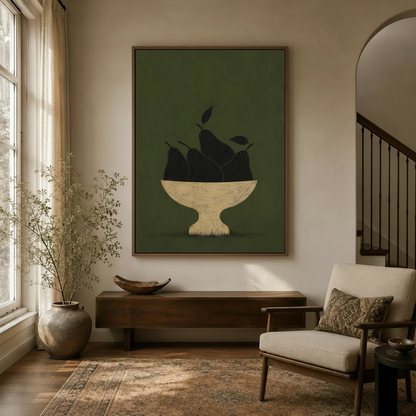 Minimalist olive green pears bowl painting hanging in a bright hallway entryway with arched doorway