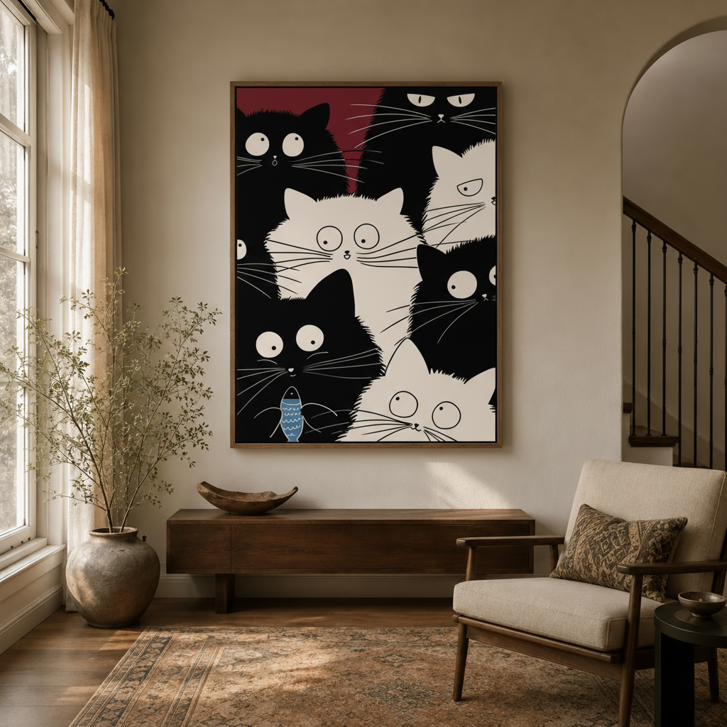  Bold cat illustration wall art hanging in neutral-toned entryway with arched doorway