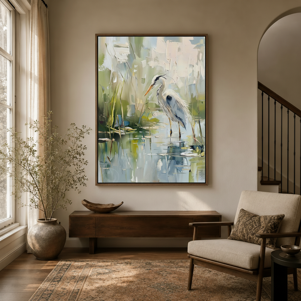 Blue heron wetland canvas art in a warm entryway with dark wood console and terracotta vase