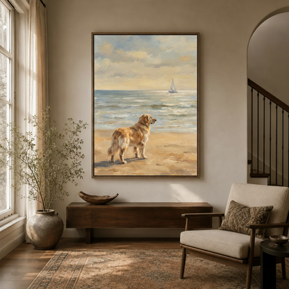 Impressionist dog beach wall art in walnut floating frame hung in a modern entryway with staircase