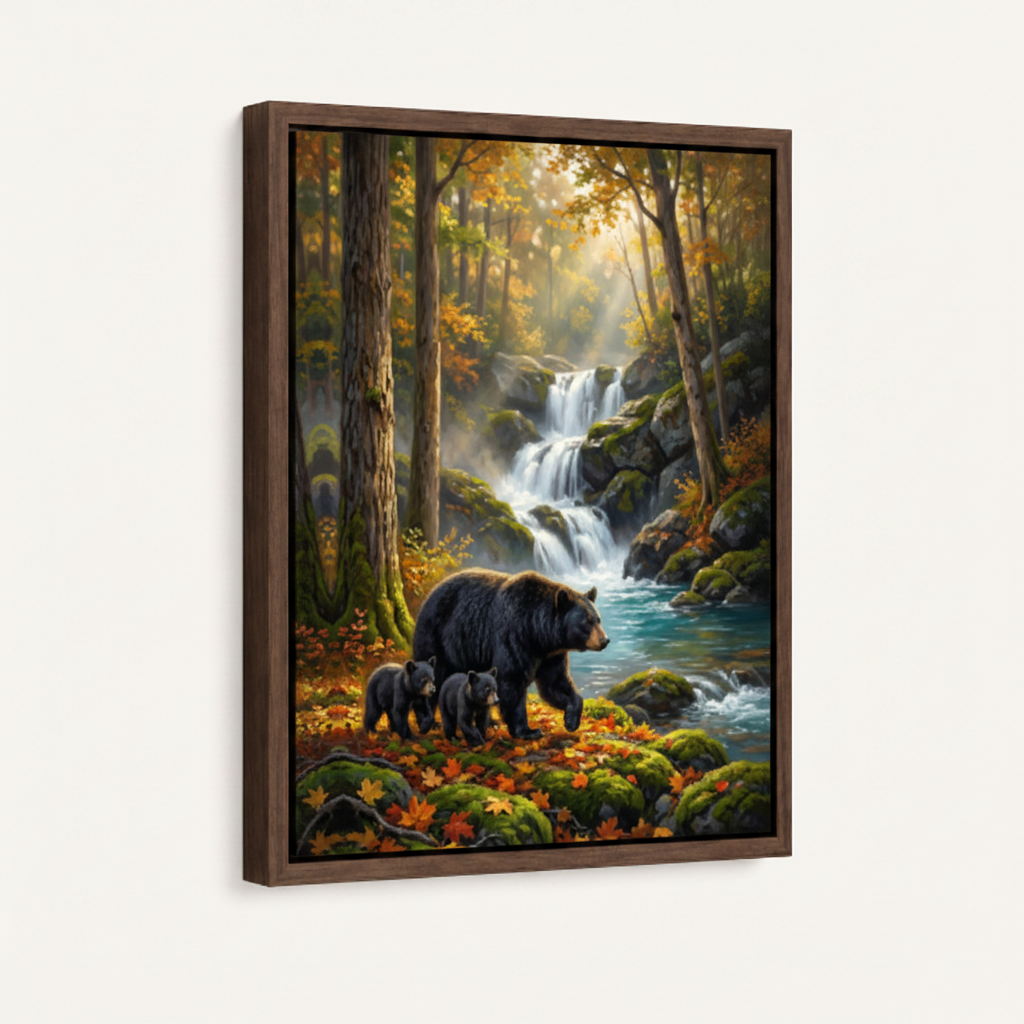 Black bear family framed canvas wall art – autumn forest oil painting with mother bear and cubs by mossy waterfall by Aurewall