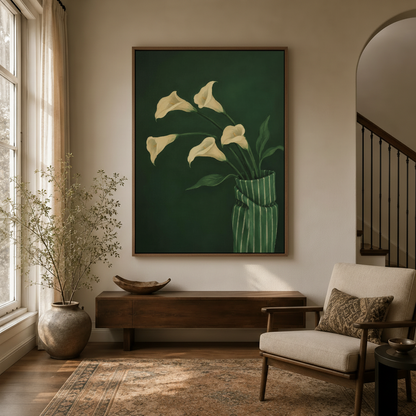 Elegant floral canvas in modern entryway hallway, calla lily painting in dark walnut float frame
