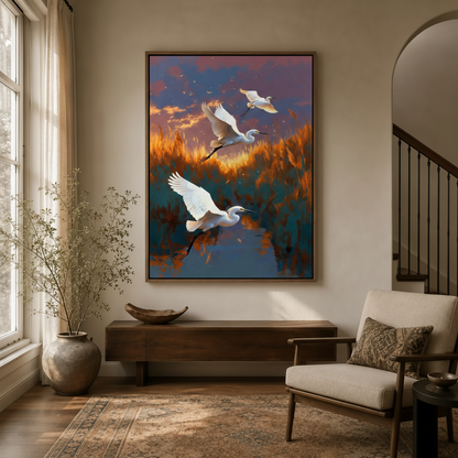 Egrets wetland canvas hanging in hallway entryway with arched doorway and warm natural light