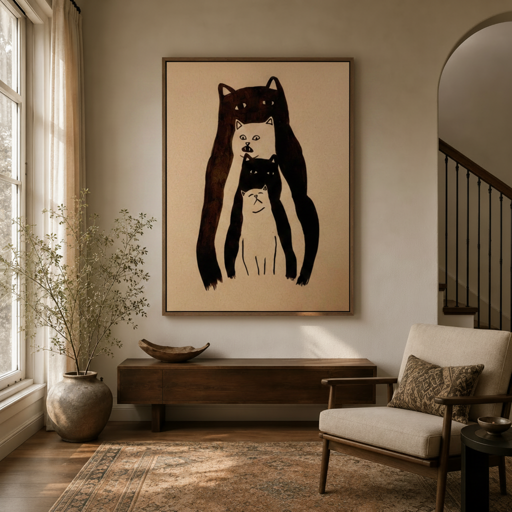 Cat totem whimsical ink canvas hanging in a bright entryway with staircase and arched doorway