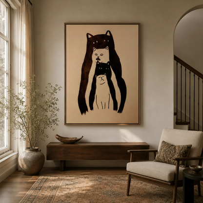 Cat totem whimsical ink canvas hanging in a bright entryway with staircase and arched doorway