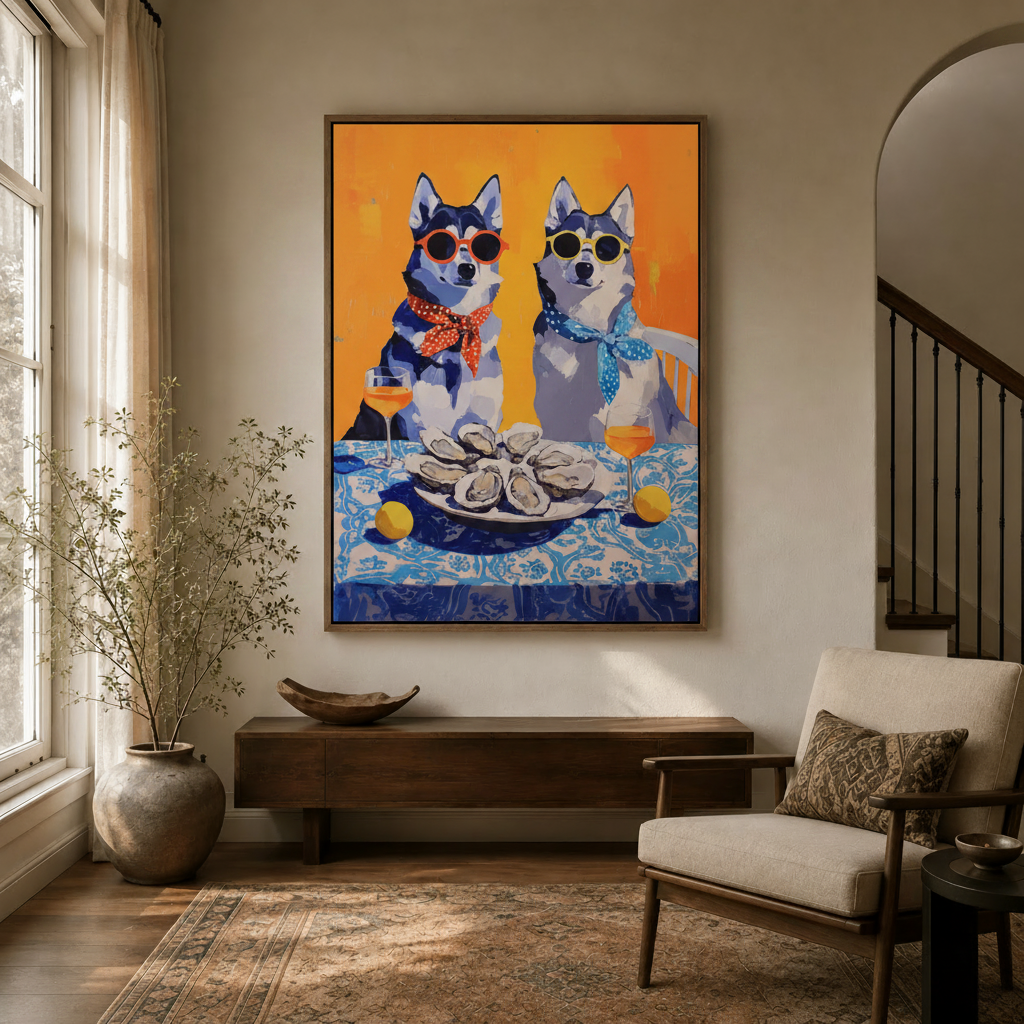 Bold colorful husky wall art hanging in modern entryway hallway interior