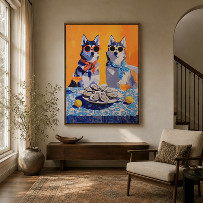 Bold colorful husky wall art hanging in modern entryway hallway interior