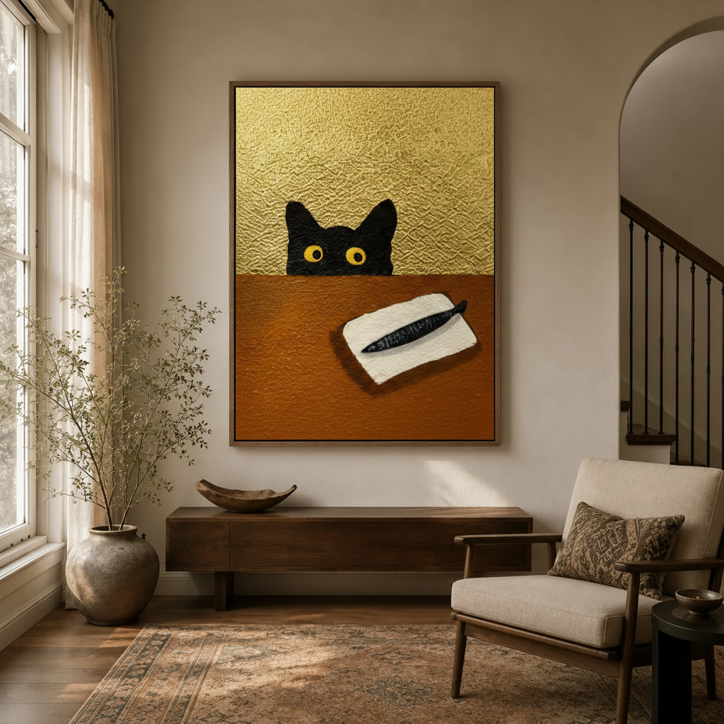 Black cat sardine wall art in float frame above dark console table in modern entryway