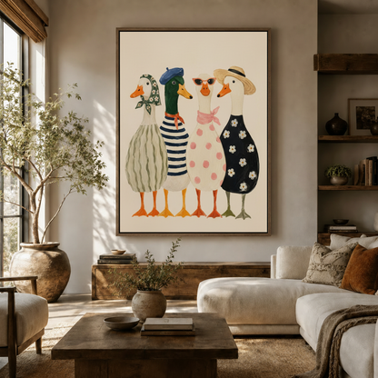 Four stylish ducks illustration canvas print hanging in living room with natural light
