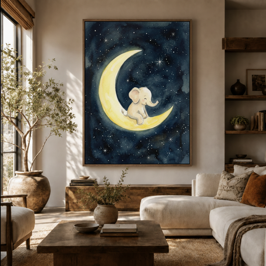 Baby elephant moon canvas wall art in living room – whimsical watercolor night print displayed above sofa by Aurewall