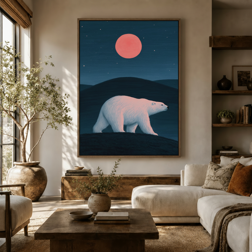 Bold polar bear under red moon illustration canvas in float frame above living room sofa