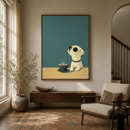Funny dog coffee wall art in float frame displayed in modern entryway with natural light