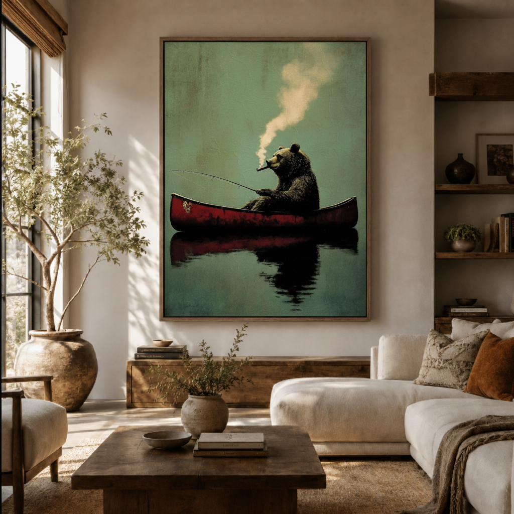 Gentleman bear canoe canvas wall art in living room – humorous oil painting with bear in red canoe on misty lake displayed as witty statement piece above sofa by Aurewall