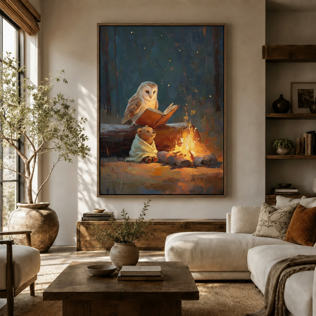 Cozy owl bear campfire canvas print hanging in warm living room with natural light