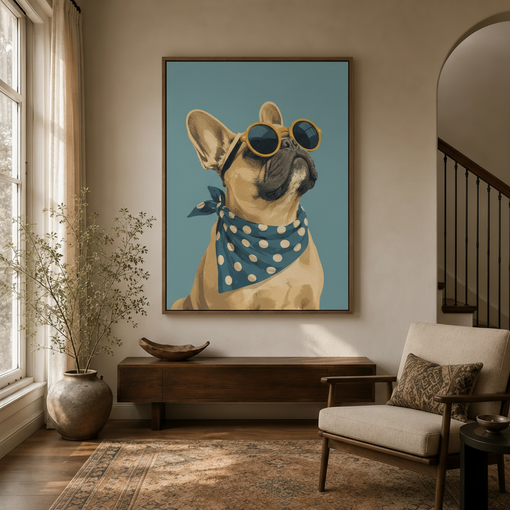 Bold French Bulldog pop art canvas wall art hanging in modern farmhouse entryway with arched doorway