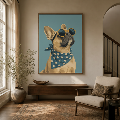 Bold French Bulldog pop art canvas wall art hanging in modern farmhouse entryway with arched doorway