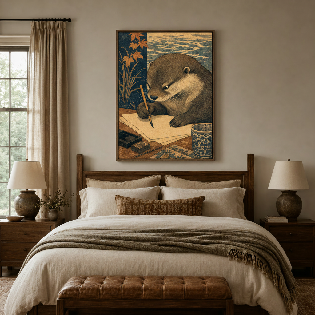 Japanese otter writing canvas print hung above a rustic wooden bed in a cozy earth-tone bedroom