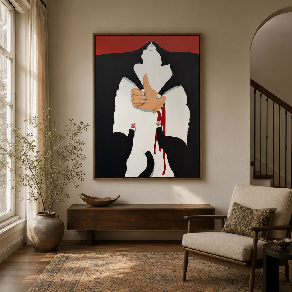 Minimalist black and white cat wall art in dark frame displayed in modern entryway