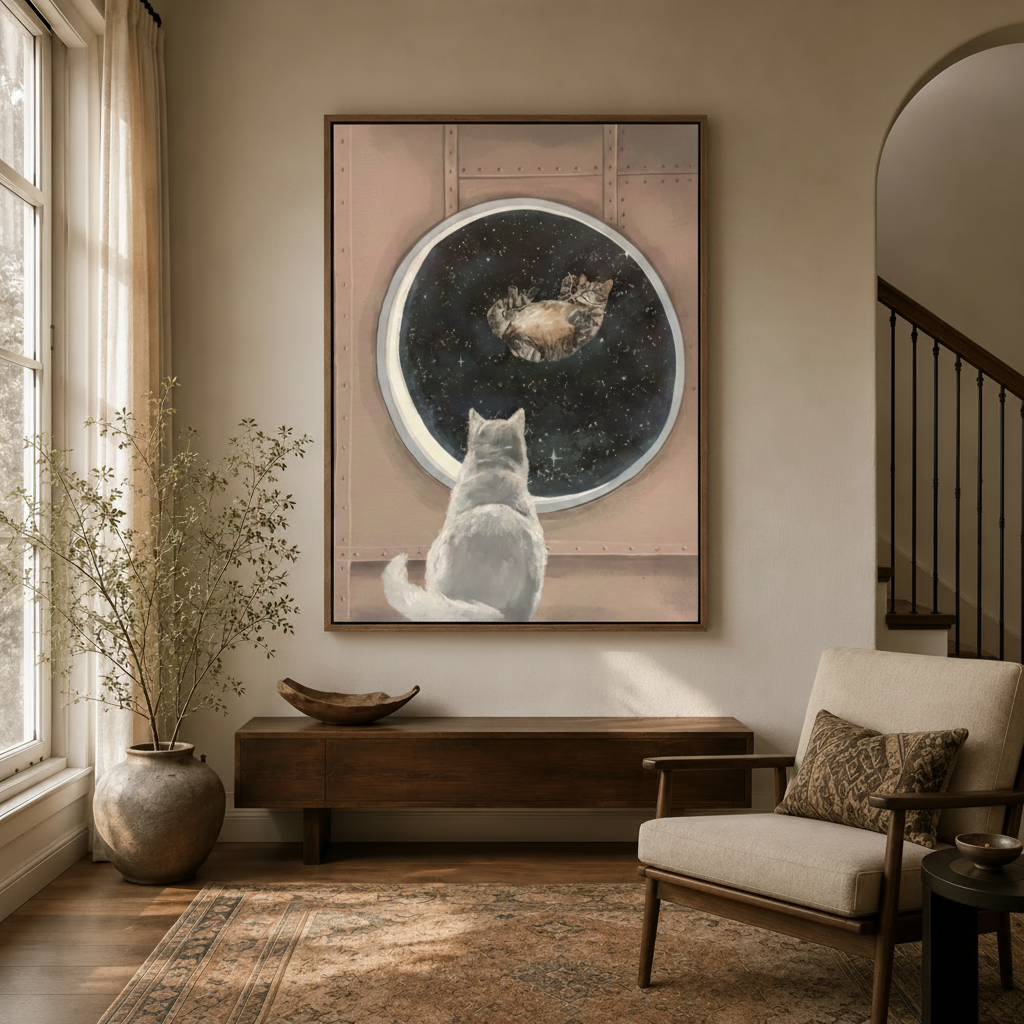 Funny space cat framed canvas in modern entryway hallway, porthole galaxy scene, dark walnut frame