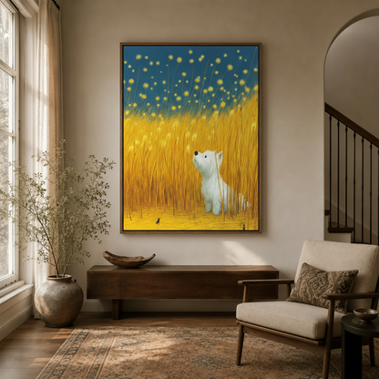Japanese illustration Westie dog wall art framed canvas in modern entryway above console table