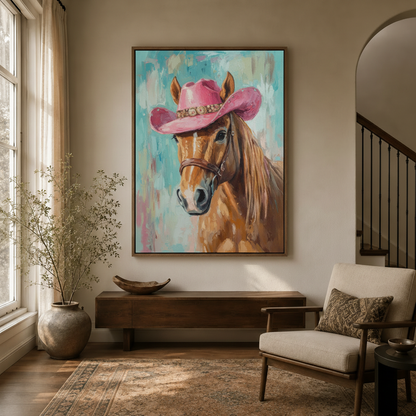  Pink cowboy hat horse wall art hanging in a cozy entryway with arched doorway and dried branch decor