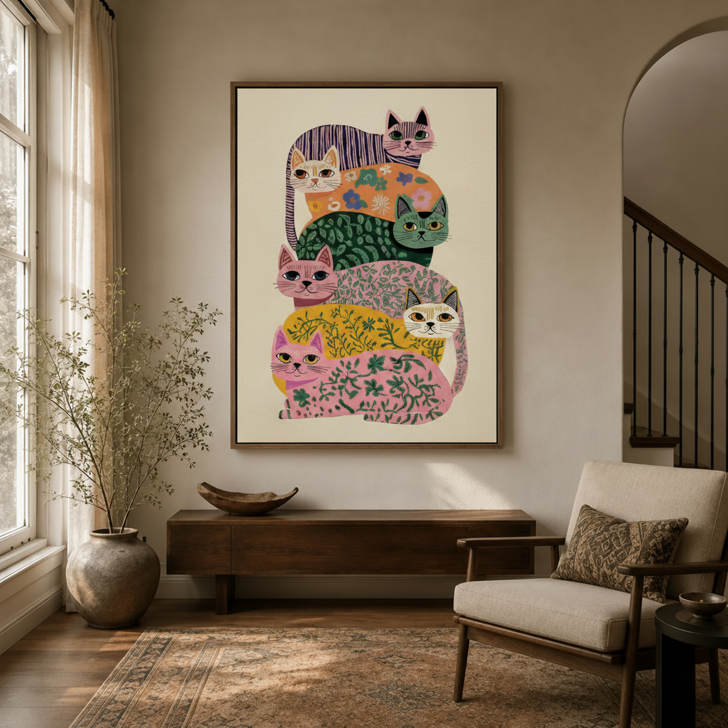  Colorful folk art cat wall art in wood float frame hanging in bright entryway with arched doorway