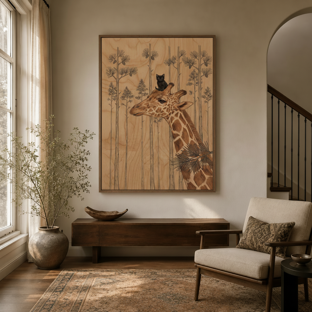 Nature-inspired giraffe cat wall art framed canvas hanging in bright modern entryway