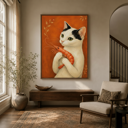 White cat with red shrimp oil painting hanging in a cozy entryway with arched doorway and dried branch decor
