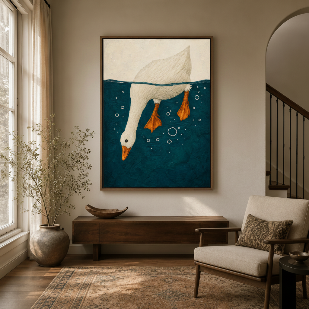 Framed diving goose art print hanging in a warm entryway with dried branches and arched doorway