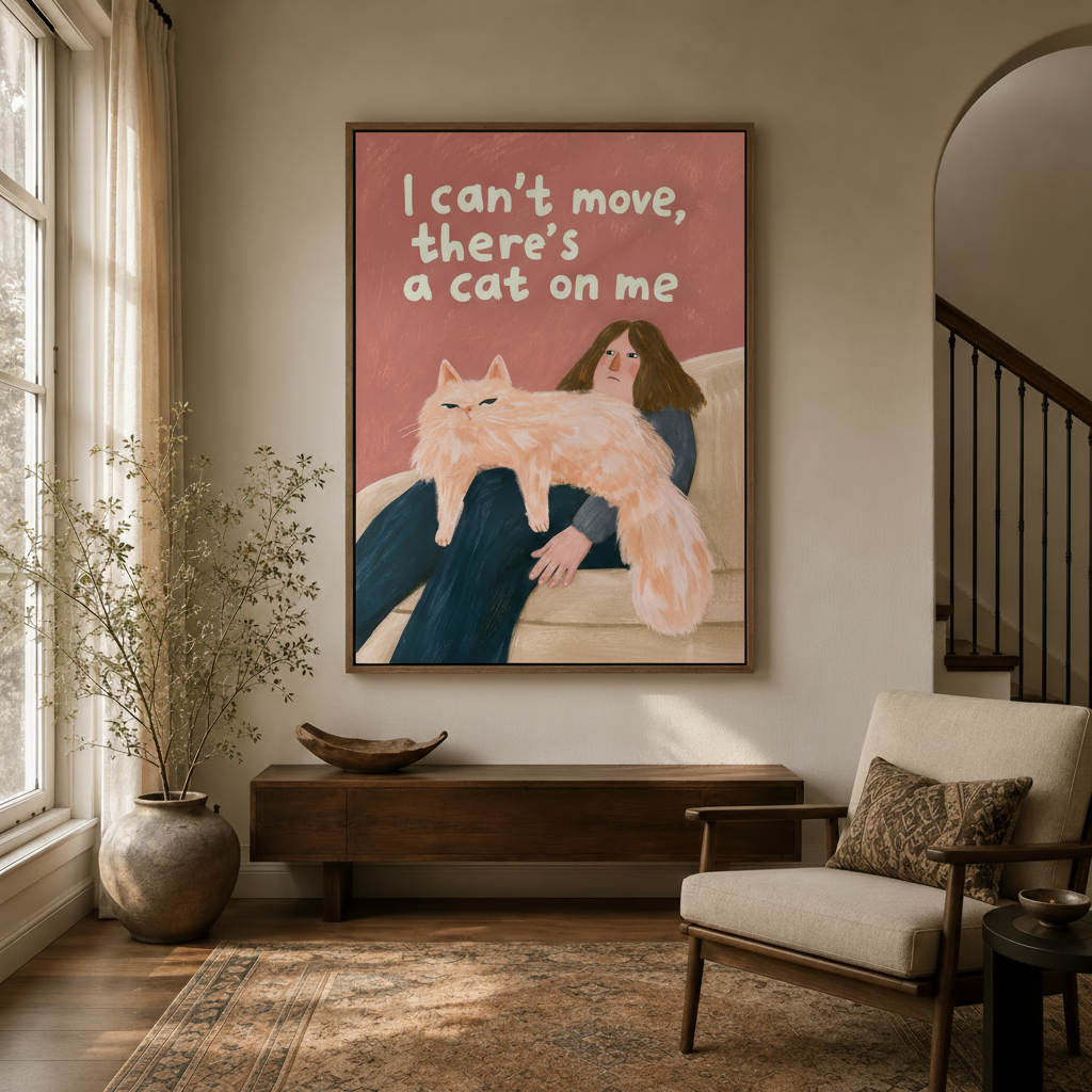 Cat lover wall art hung in modern entryway hallway with arched doorway and botanical decor