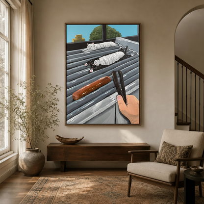 Illustrated rooftop cat painting in dark walnut float frame hung in a dark wood entryway