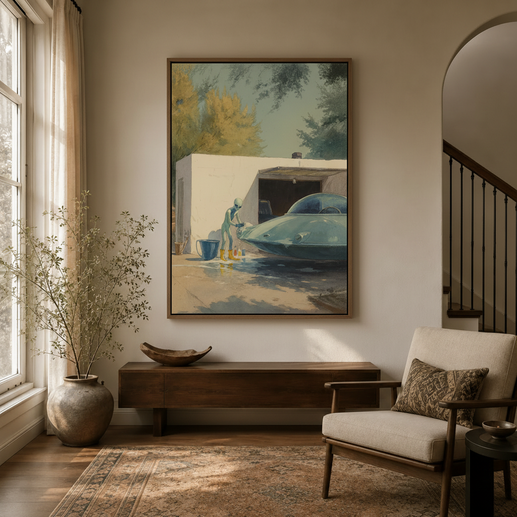Whimsical sci-fi watercolor wall art of alien with yellow boots hanging in cozy entryway