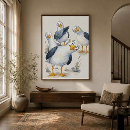  Whimsical seagull bird canvas print in floating frame displayed in a cozy entryway hallway