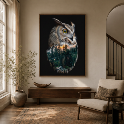 Dark forest owl double exposure canvas in study – surreal wildlife nature print as bold statement wall decor by Aurewall