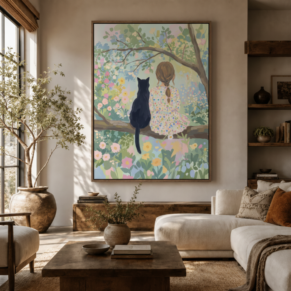 Girl and black cat canvas wall art in living room – whimsical floral illustration displayed above sofa by Aurewall